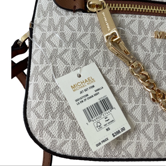Michael Kors Crossbody Bag Jet Set Large Leather MK print logo Vanilla - Picture 8 of 11